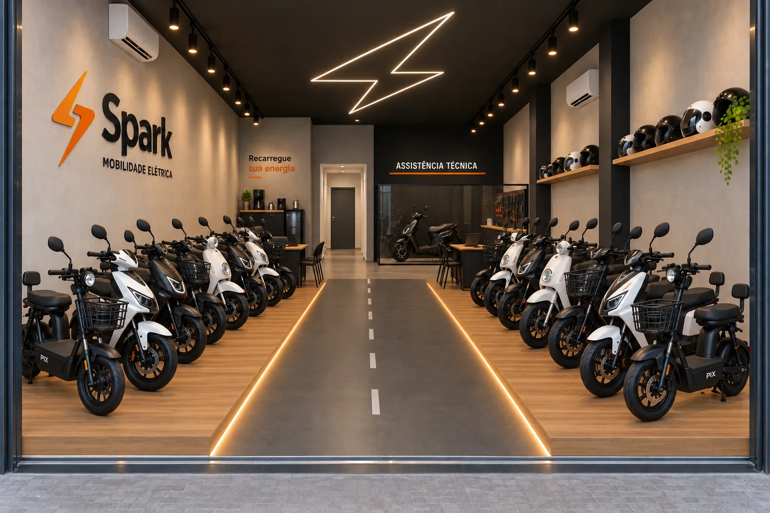 Showroom da Spark com scooters dos dois lados e a pista central iluminada